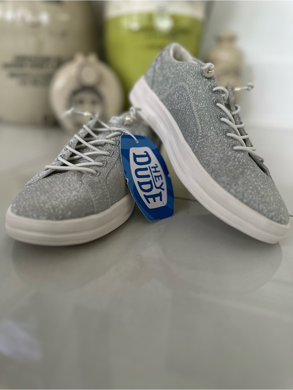 NEW WITH TAGS! Hey Dude Karina "Bride To Be" Silver Glitter Sneakers - Women’s 8